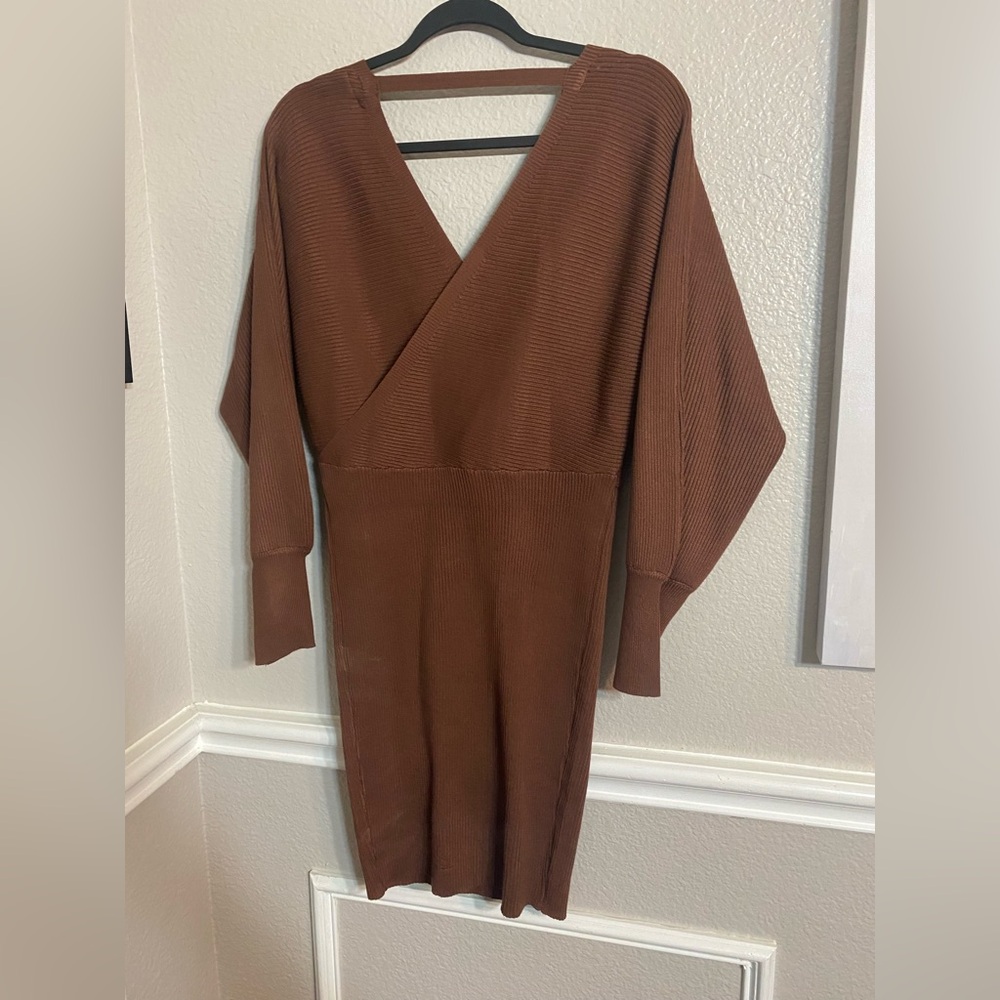 Brown Ribbed Sweater Dress - Picture 12 of 14